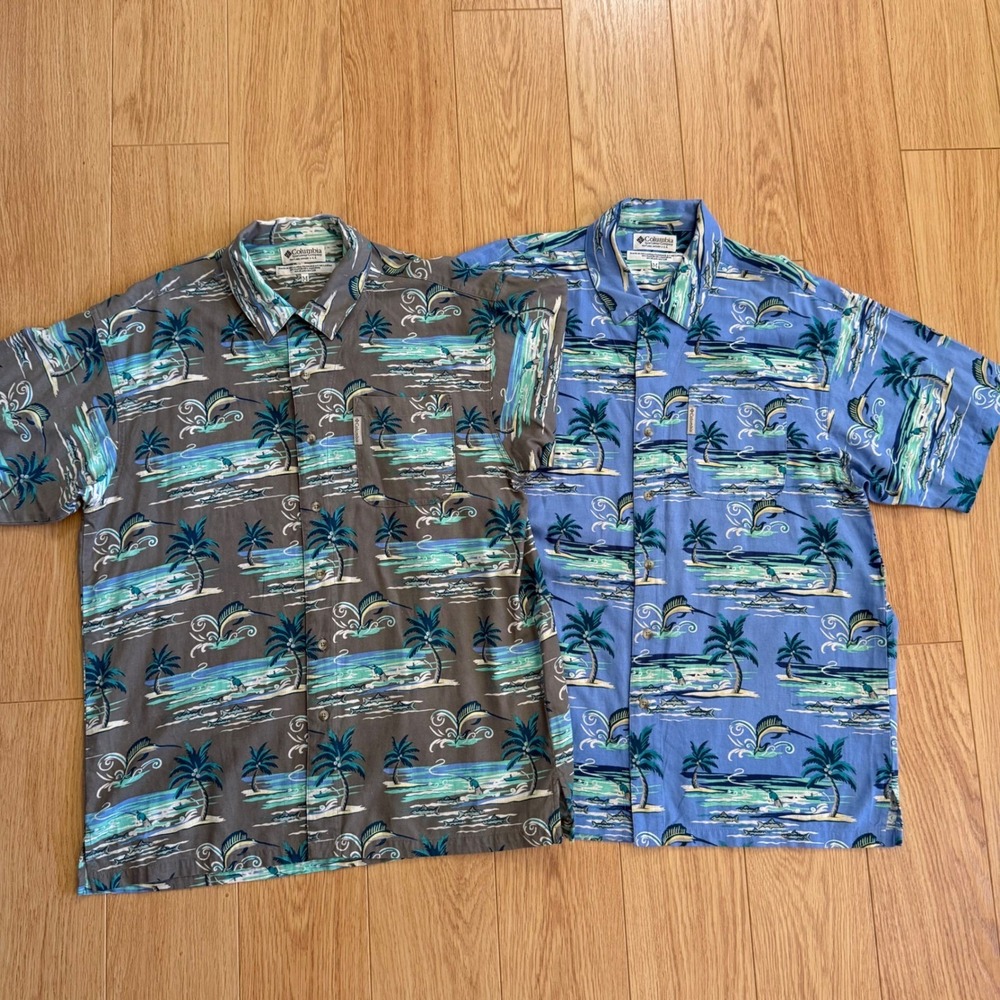 Vintage Columbia Shirt Mens Medium Blue Tropical Marlin Flax Linen Fish AOP